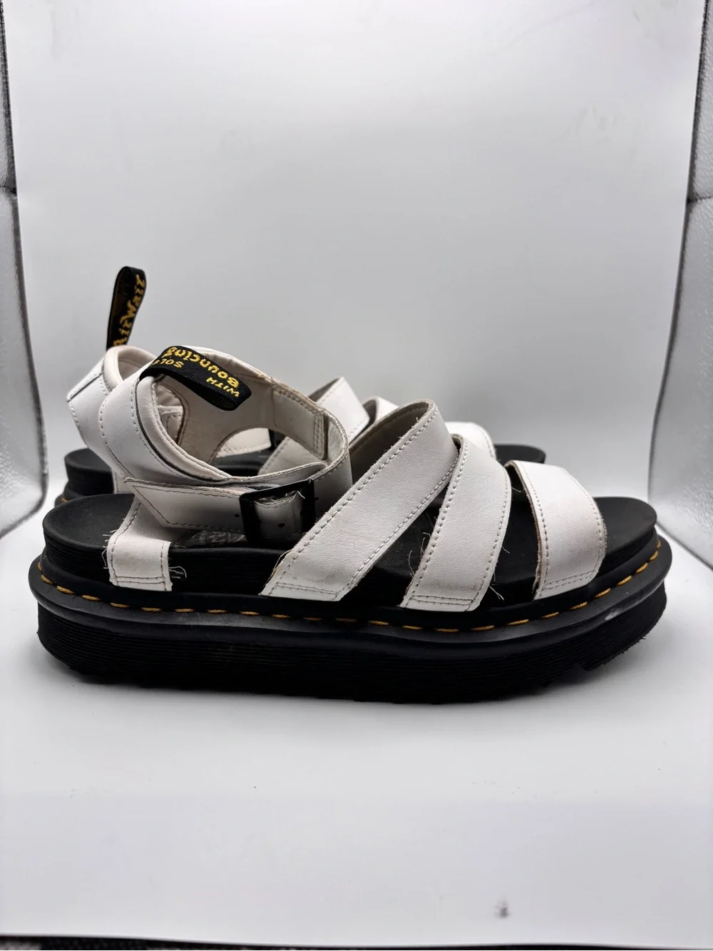 Dr. Martens White Leather Strappy Platform Sandals with Ankle Buckles